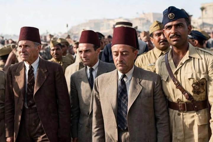 الصورة تُظهر الثلاثة في طريقهم إلى لقاءٍ جماهيري في المدينة، والشقيري والحسيني من قيادات «الحزب العربي»، وقد ل